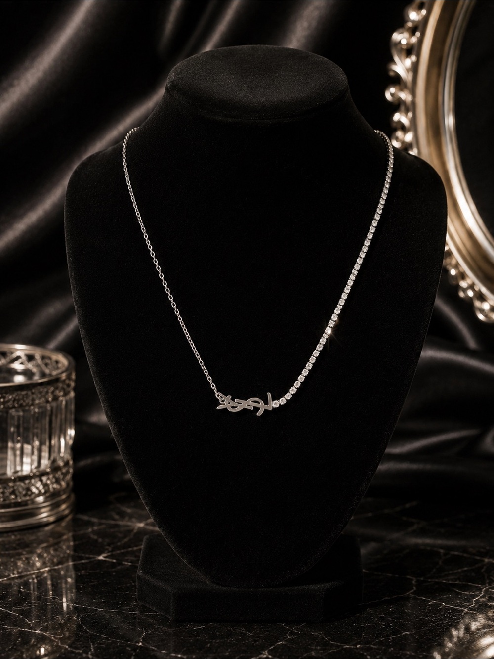 Silver YSL Monogram Rhinestone Tennis Chain Statement Necklace